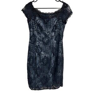 Adrianna Papell Navy Blue Lace Sheath Dress Short Sleeve Midi Length Size 10